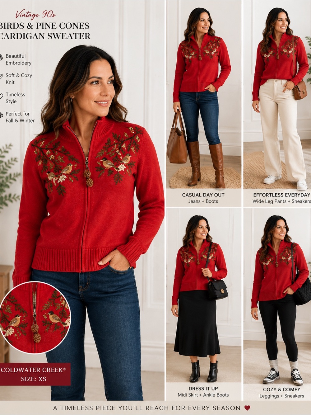 Coldwater Creek Red Zip-Front Embroidered Cardigan